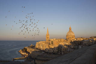 Birds fly over the skyline of Valletta, Malta.