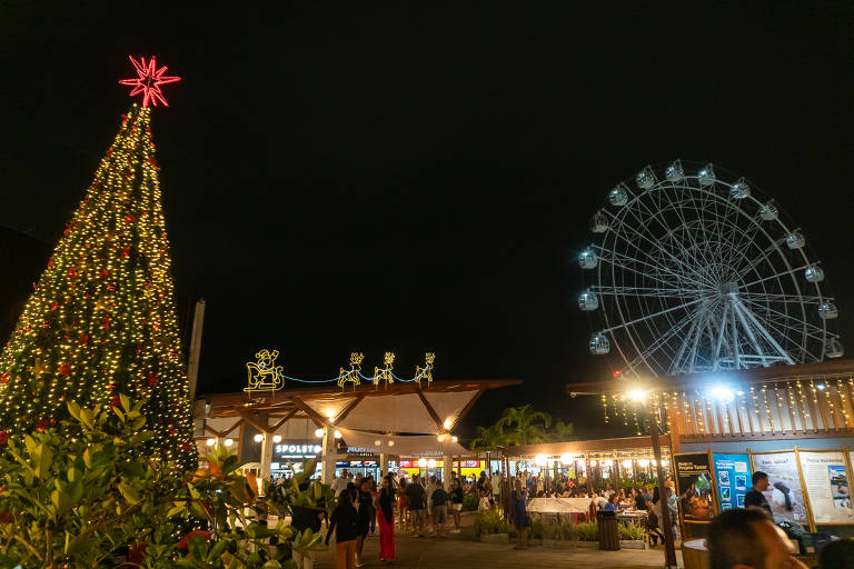 A imagem mostra um espaço público à noite, decorado para o Natal. À esquerda, há uma árvore de Natal iluminada com luzes e enfeites vermelhos, com uma estrela no topo. No fundo, uma roda-gigante iluminada é visível. Acima da área de alimentação, há uma decoração de luzes em forma de renas e um trenó. O local está cheio de pessoas, algumas sentadas em mesas e outras caminhando. O ambiente é festivo e iluminado