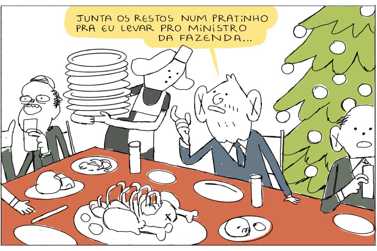 Charge de João Montanaro mostra uma grande ceia de natal já posta e consumida, com restos de comida nas bandejas e nos pratos; ao fundo, há uma grande árvore de Natal. Sentados em volta da mesa estão políticos, assessores e o presidente Lula. Para a copeira, que carrega uma pilha de pratos sujos, ele diz discretamente: “Junta os restos num pratinho pra eu levar pro ministro da Fazenda”.