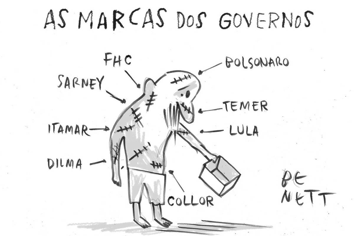 Charge de Benett mostra uma figura humana estilizada, uma pessoa em situação de rua, descalça com o corpo coberto por diversas cicatrizes. Ela segura uma caixa vazia. Para cada cicatriz no corpo, há o nome de um presidente do Brasil: Sarney, Collor, Itamar, FHC, Dilma, Temer, Bolsonaro e Lula. O título da charge é "As Marcas dos Governos".