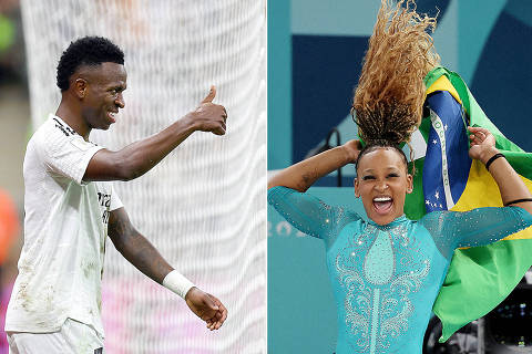 MONTAGEM, Soccer Football - Intercontinental Cup - Final - Real Madrid v Pachuca - Lusail Stadium, Lusail, Qatar - December 18, 2024 Real Madrid's Vinicius Junior reacts REUTERS/Ibraheem Al Omari***Paris 2024 Olympics - Artistic Gymnastics - Women's Floor Exercise Final - Bercy Arena, Paris, France - August 05, 2024. Rebeca Andrade of Brazil celebrates with her national flag after winning gold. REUTERS/Mike Blake DIREITOS RESERVADOS. NÃO PUBLICAR SEM AUTORIZAÇÃO DO DETENTOR DOS DIREITOS AUTORAIS E DE IMAGEM