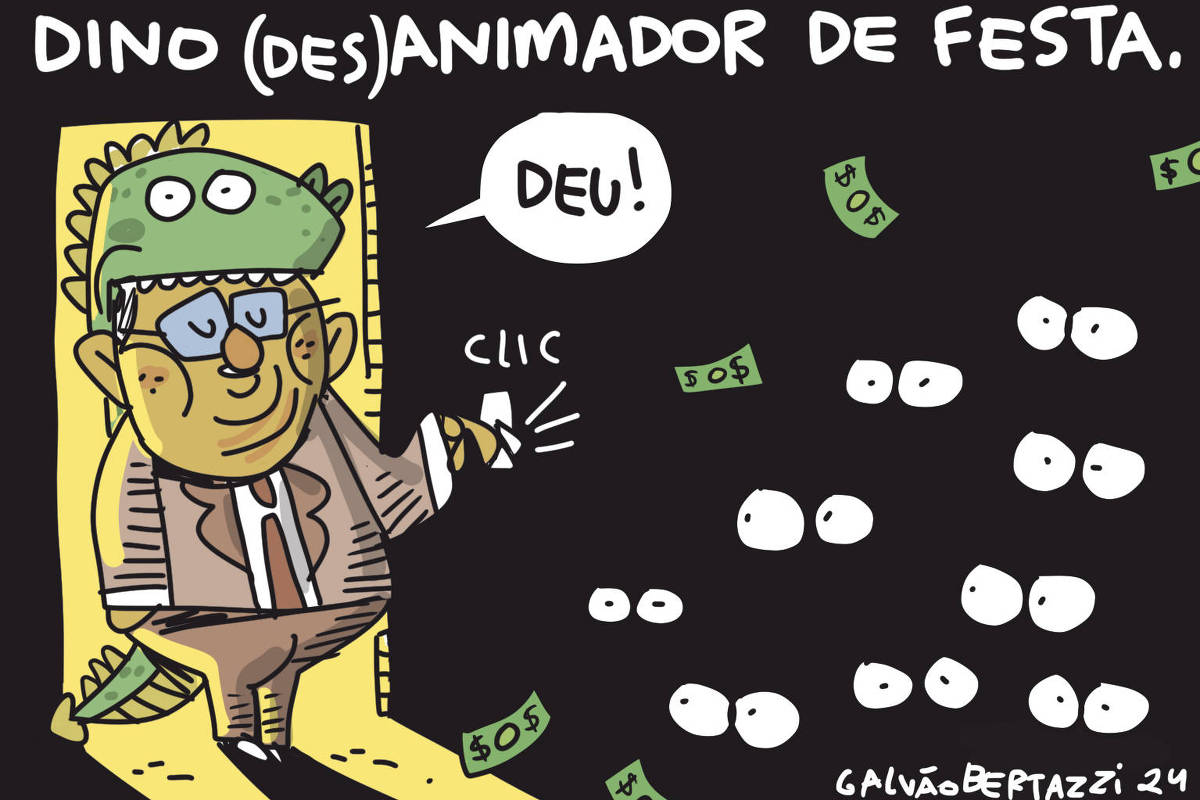 Charge de Galvão Bertazzi com o título "Dino (des)animador de festa" mostra o ministro da Justiça, Flávio Dino, vestindo uma fantasia de dinossauro e apagando as luzes de uma festinha. Ele diz "DEU!" e desliga o interruptor, deixando todos no escuro. Notas de dinheiro aparecem voando, e olhos ficam observando.