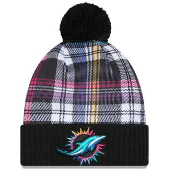 Youth Miami Dolphins New Era Black 2024 NFL Crucial Catch Plaid Cuffed Pom Knit Hat