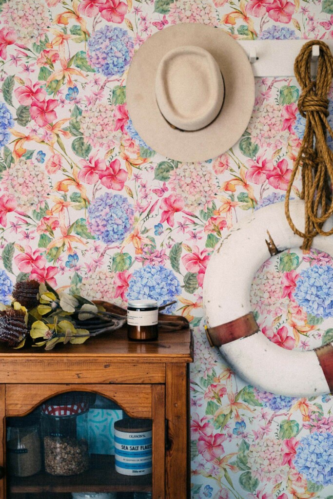 Coastal nautical style living room decorated with Bright floral peel and stick wallpaper