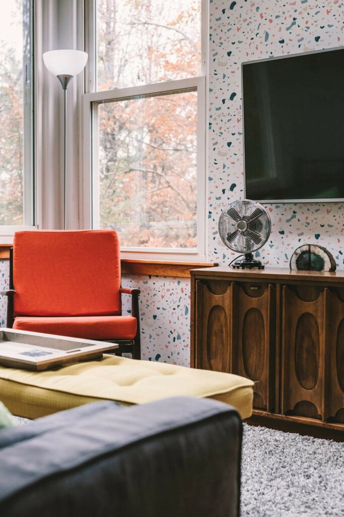 Rustic style living room decorated with Terrazzo peel and stick wallpaper