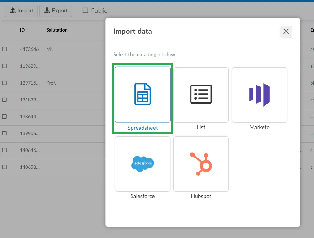 Select spreadsheet as your data origin