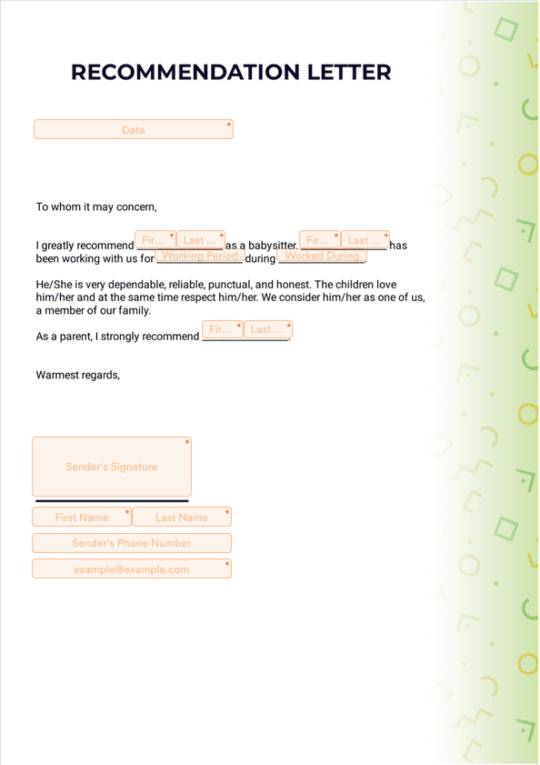 Letter of Recommendation for Babysitter - Sign Templates | Jotform