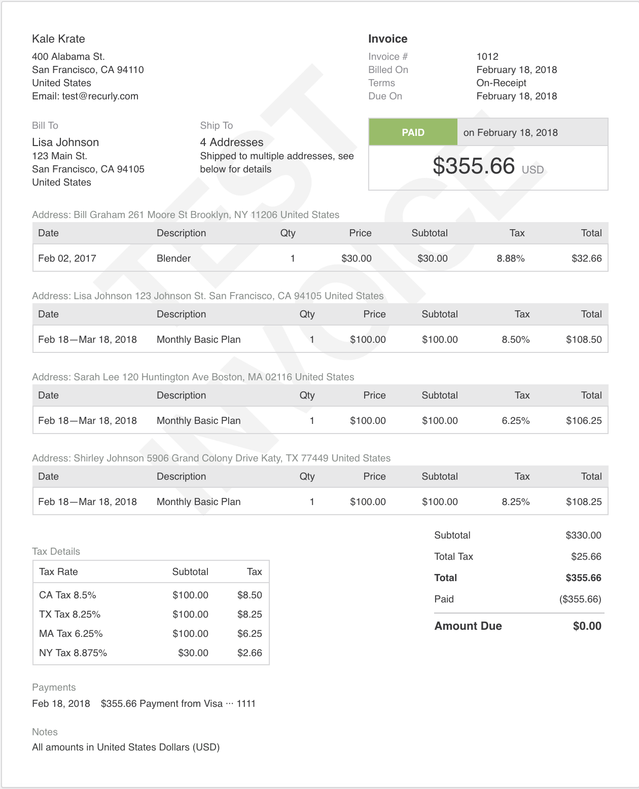 Multiple Shipping Address Invoice Display