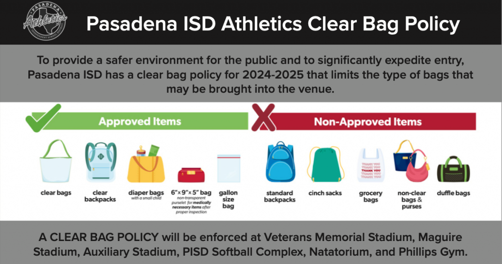 A graphic illustrating the Pasadena ISD Athletics Clear Bag Policy for the 2024-2025 school year, showing approved and non-approved bags.