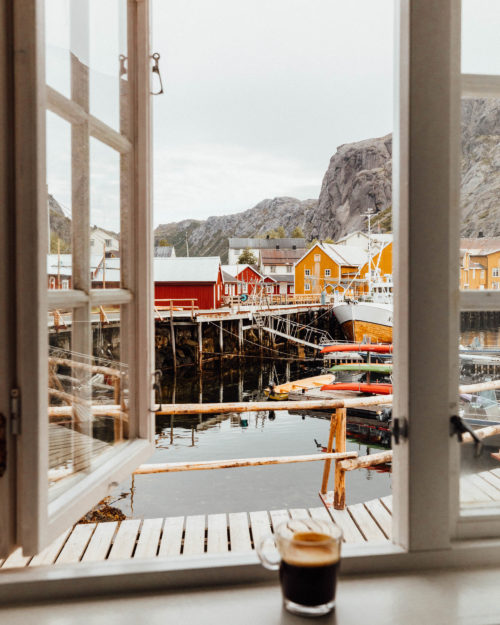 View from Hotel in Lofoten Norway Nusfjord Arctic Resort Traditional Fishermen Red Cabin with a Fjord View - Find Us Lost