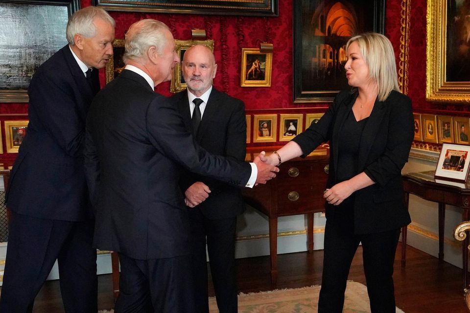 Historic moment: Sinn Fein’s Michelle O’Neill and Alex Maskey welcome King Charles III at Hillsborough Castle earlier this year