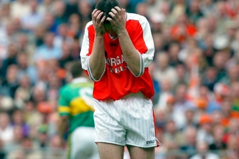 McConville's reaction to his missed penalty. Image: INPHO