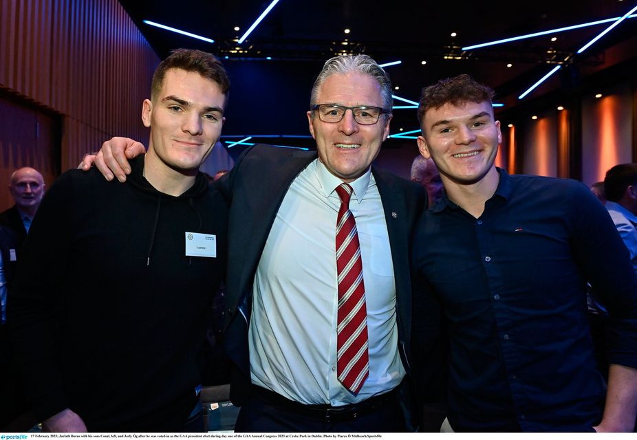 GAA President Jarlath Burns pictured with sons Jarly Óg and Conall after he was elected in February 2023. Photo by Piaras O Midheach for Sportsfile 