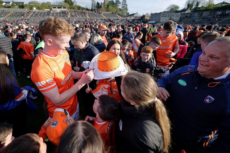 Ulster GAA Senior Football Championship Semi-Final, St Tiernach's Park, Clones, Co. Monaghan 27/4/2024
Down vs Armagh. Armagh's Conor Turbitt signs autographs after the game. Mandatory Credit ©INPHO/Laszlo Geczo