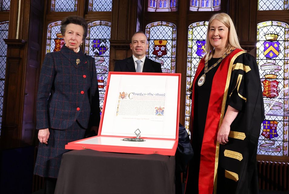 Secretary of State for Northern Ireland Chris Heaton-Harris and Mayor of Ards and North Down Borough Council, councillor Karen Douglas with The Princess Royal (Credit: Kelvin Boyes/Press Eye)