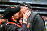 thumbnail: Armagh manager Kieran McGeeney kisses his wife Maura O'Rahilly after his side's victory in the GAA Football All-Ireland Senior Championship quarter-final match between Armagh and Roscommon at Croke Park in Dublin. 'Geezer' found out earlier in the day that he's uncle had passed away Photo by Harry Murphy/Sportsfile (Harry Murphy / SPORTSFILE/SPORTSFILE)