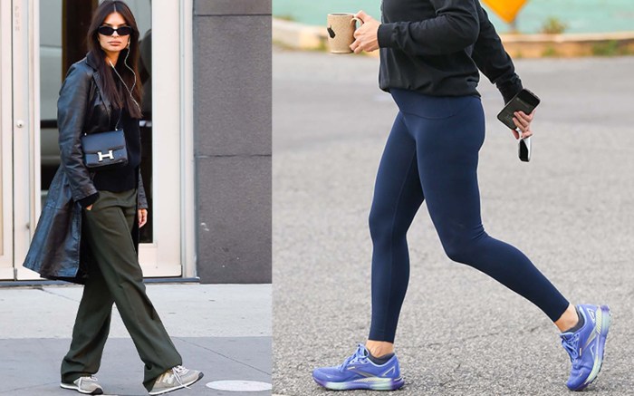 Emily Ratajkowski is seen wearing gray New Balance 547 shoes in Soho, New York City; Jennifer Garner holds a coffee cup and wears blue Brooks sneakers