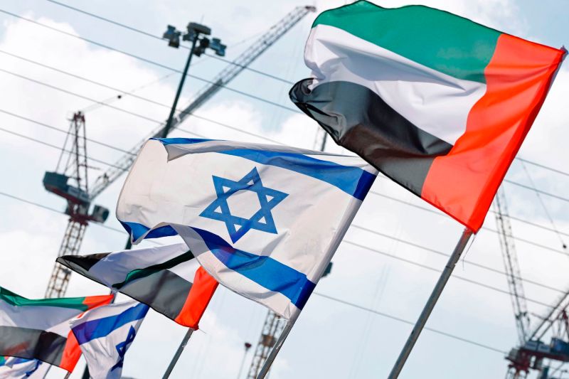 Israeli and United Arab Emirates flags line a road in the Israeli coastal city of Netanya on Aug. 16.