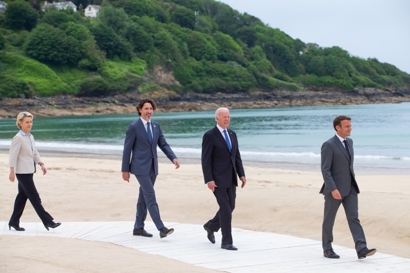 European Commission President Ursula von der Leyen, Canadian Prime Minister Justin Trudeau, U.S. President Joe Biden, and French President Emmanuel Macron during the G-7 Summit in Cornwall, England, on June 11.