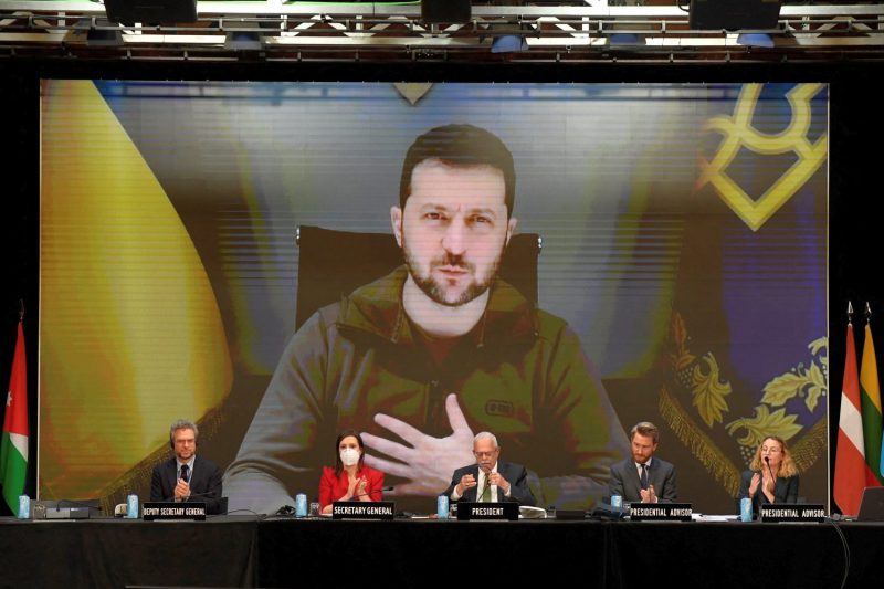 Ukrainian President Volodymyr Zelensky delivers a speech by video during a NATO assembly in Madrid on Nov. 21, 2022.