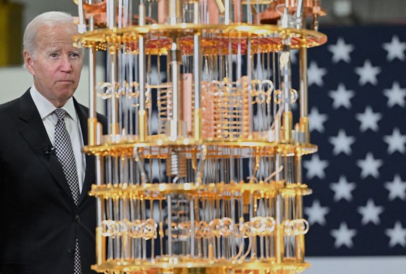 U.S. President Joe Biden looks at a quantum computer as he tours the IBM facility in Poughkeepsie, New York.