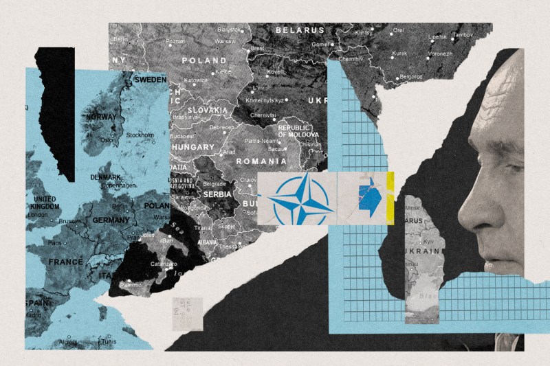 An collage illustration shows map segments with member countries — and possible future members — of NATO. Russian President Vladamir Putin is seen in profile with a tear of Ukraine map to signify the effect of the Russian war on the alliance.