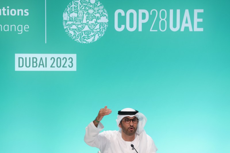 Sultan Ahmed al-Jaber, president of the 2023 U.N. Climate Change Conference (COP28), speaks to the media following the opening session of the conference in Dubai on Nov. 30.