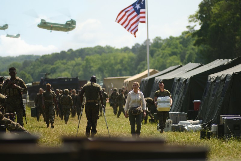 Kirsten Dunst is shown in a still from the Civil War film at a military base.