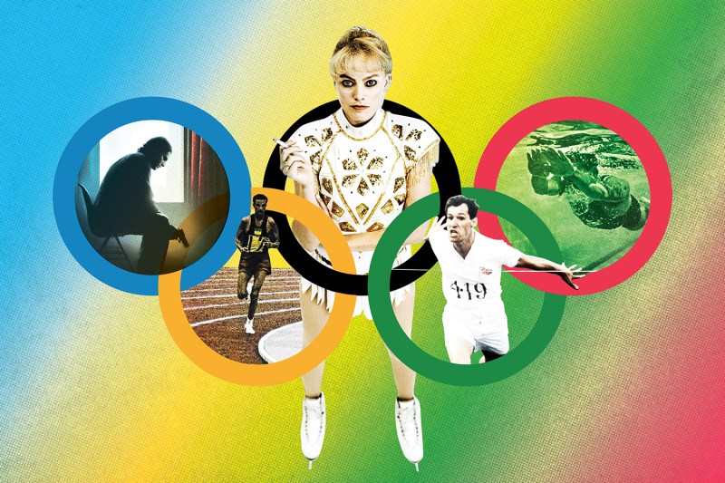 An illustration shows a series of film stills inside the Olympics rings.