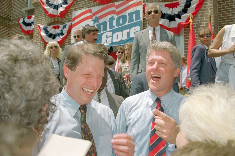 Democratic presidential nominee Bill Clinton and his running mate Al Gore in Carthage, Tennessee, on July 12, 1992.