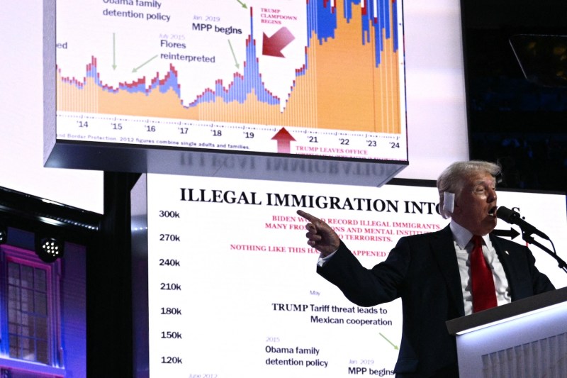 Donald Trump stands in front of two screens with charts and points at the lower one which begins with the words "illegal immigration."