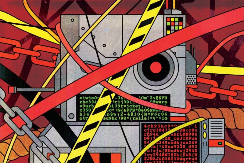 An illustrations shows a robot-like representation of AI covered in various modes of regulation: chains, caution tape, and ropes.