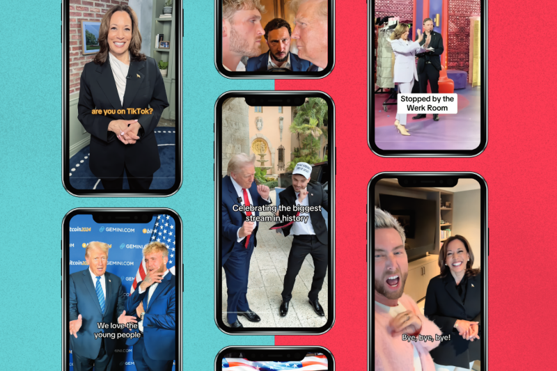 Screengrabs from political videos on Tiktok show Kamala Harris and Donald Trump on the platform. The images are inside phone frames on a pink and blue background.