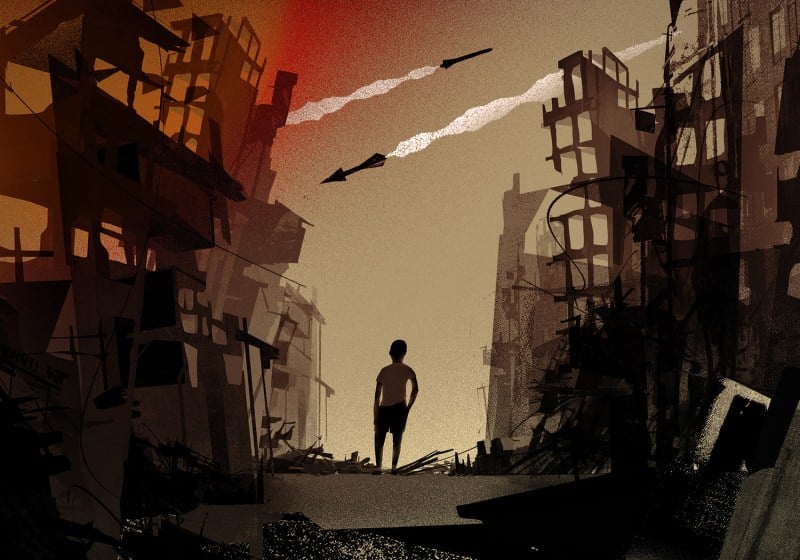 An illustration shows two missiles arcing across the sky above a lone figure amid a scene of destruction with the shells of buildings on either side.