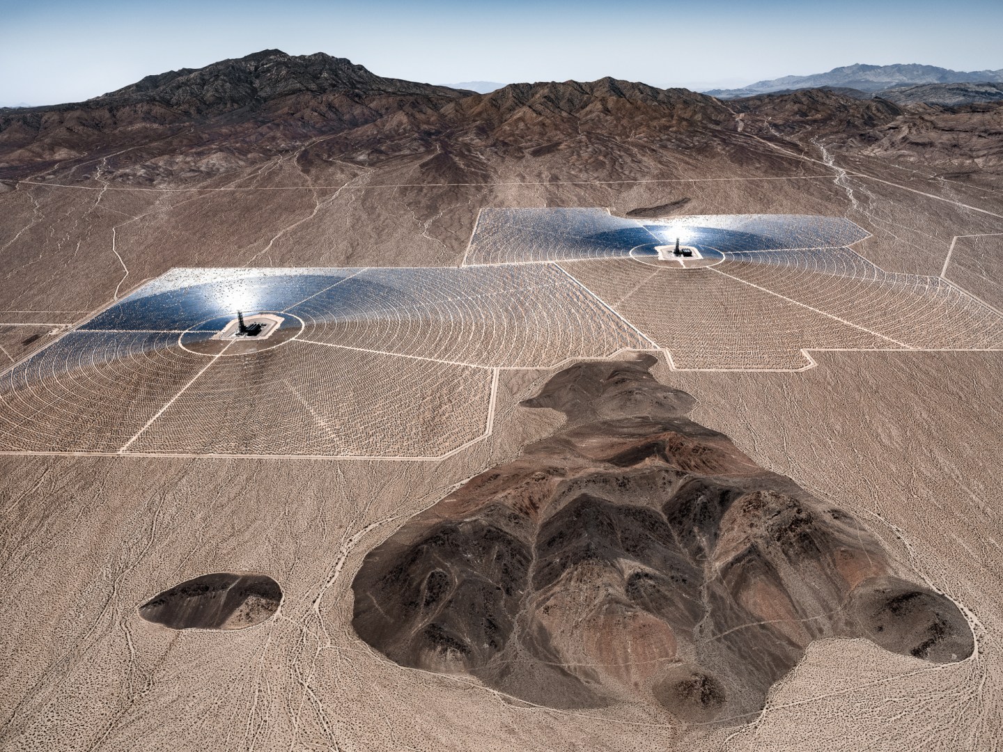 Aerial view of Ivanpah Solar Power Facility in California.