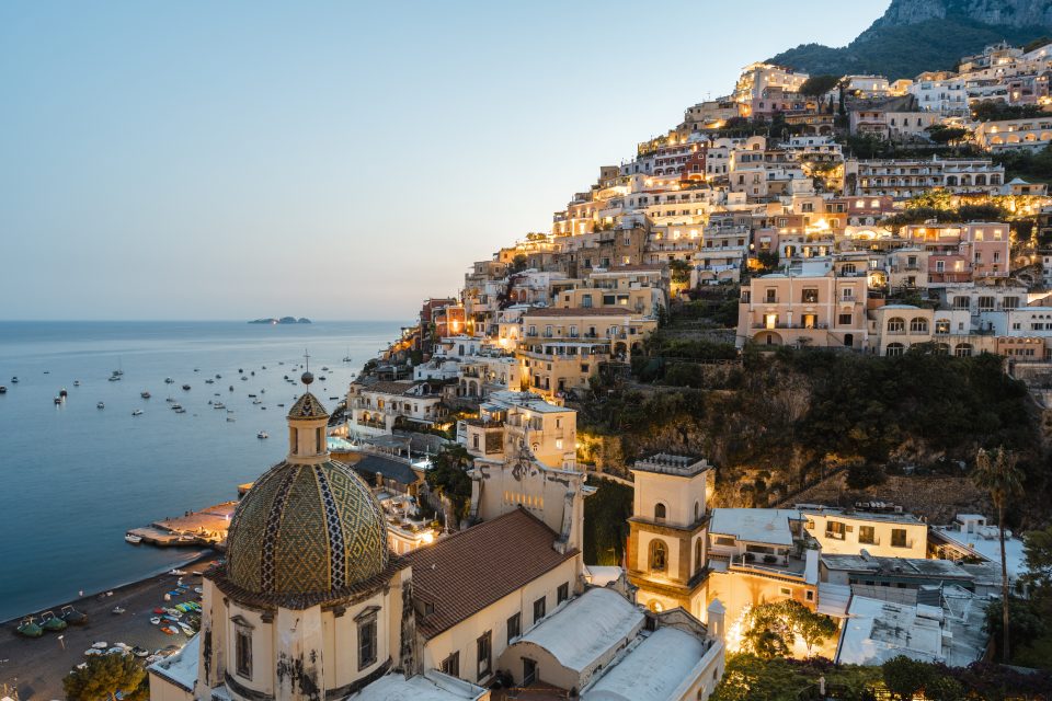 Positano at dusk, Amalfi Coast, Italy