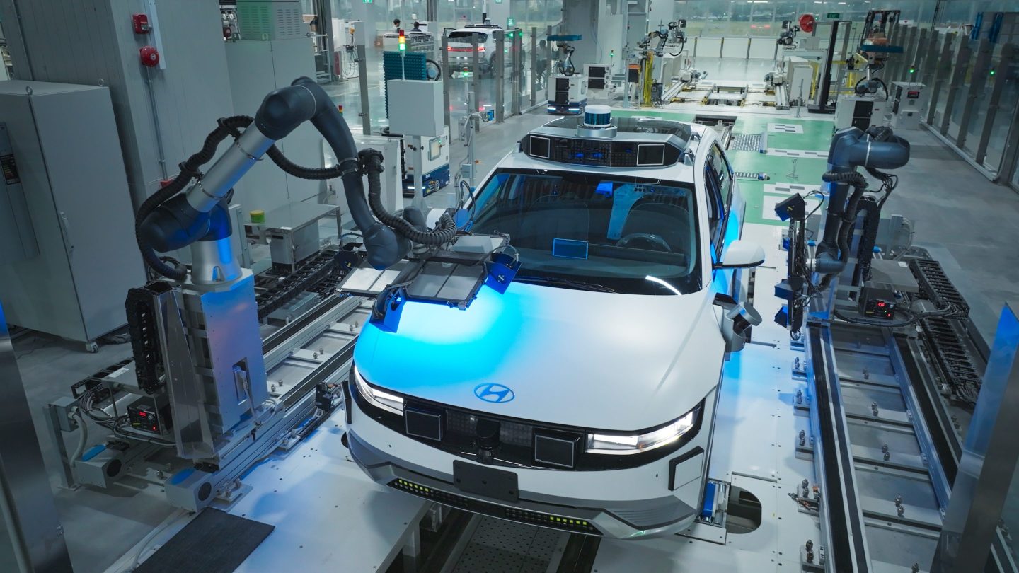 An Ioniq car on the assembly line at Hyundai Motor Group Innovation Center Singapore.