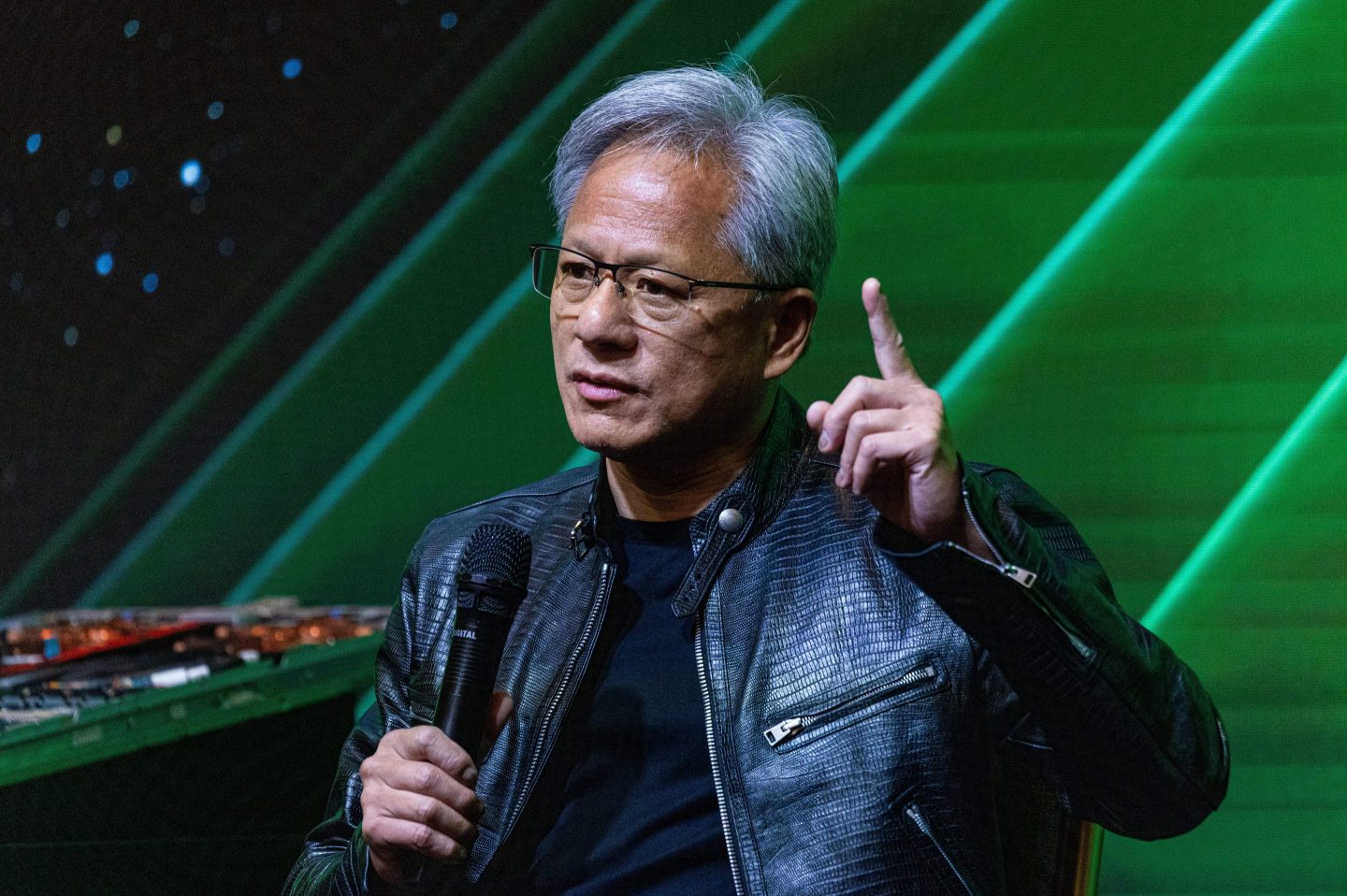 Jensen Huang, co-founder and chief executive officer of Nvidia Corp., during a news conference in Taipei, Taiwan, on Tuesday, June 4, 2024. Nvidia is still working on the certification process for Samsung Electronics Co.&#8217;s high-bandwidth memory chips, a final required step before the Korean company can begin supplying a component essential to training AI platforms. Photographer: Annabelle Chih/Bloomberg via Getty Images