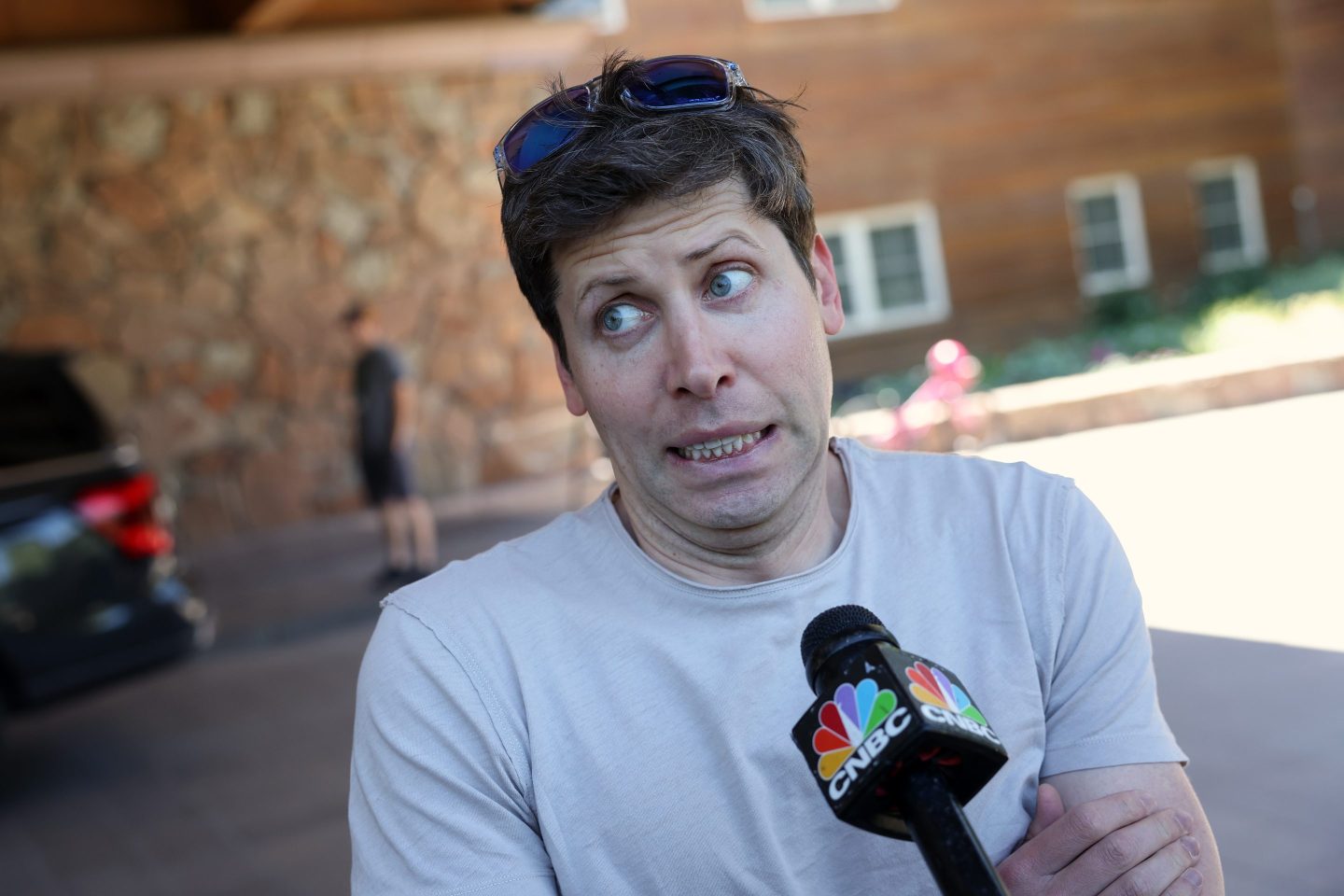 SUN VALLEY, IDAHO &#8211; JULY 11: Sam Altman, CEO of OpenAI, speaks to the media as he arrives at the Sun Valley Lodge for the Allen &amp; Company Sun Valley Conference on July 11, 2023 in Sun Valley, Idaho. Every July, some of the world&#8217;s most wealthy and powerful businesspeople from the media, finance, technology and political spheres converge at the Sun Valley Resort for the exclusive weeklong conference. (Photo by Kevin Dietsch/Getty Images)