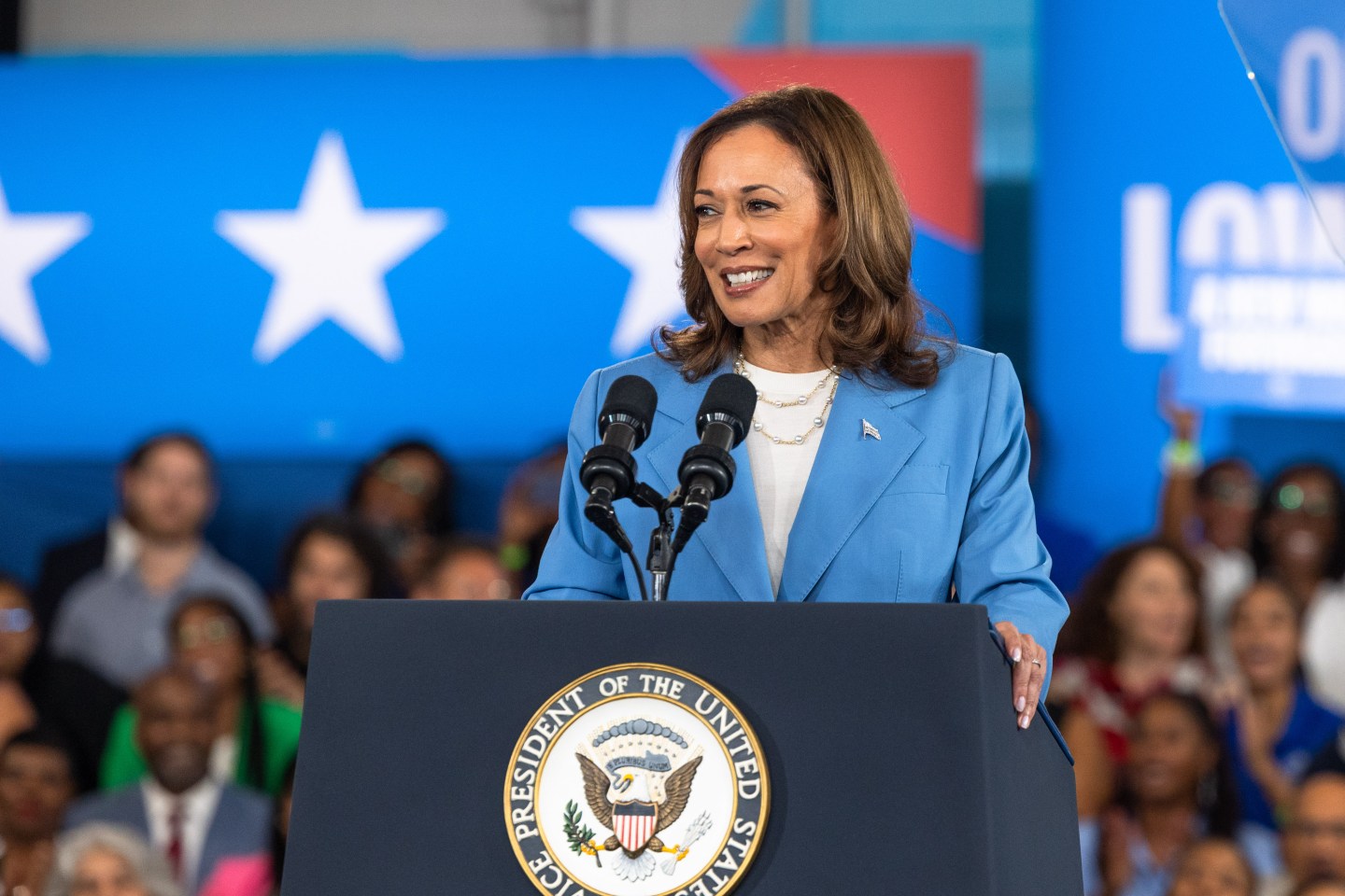 RALEIGH, NORTH CAROLINA &#8211; AUGUST 16: Democratic U.S. presidential candidate Vice President Kamala Harris speaks on her policy platform, including improving the cost of living for all Americans, at the Hendrick Center For Automotive Excellence on August 16, 2024 in Raleigh, North Carolina. This is the candidate&#8217;s first major policy speech since accepting the democratic party nomination.(Photo by Grant Baldwin/Getty Images)