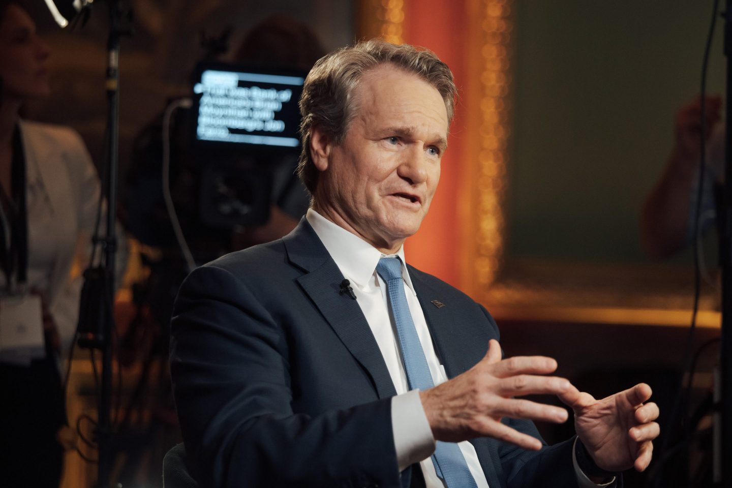 Brian Moynihan, chief executive officer of Bank of America Corp., during a Bloomberg Television interview in Versailles, France, on Monday, May 13, 2024. Moynihan said US consumers, helped by wage growth, remain in good shape even amid elevated interest rates, and that businesses are once again looking at mergers and acquisitions. Photographer: Cyril Marcilhacy/Bloomberg via Getty Images