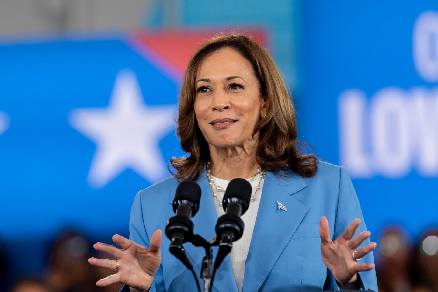 U.S. Vice President Kamala Harris speaks at a campaign event in Raleigh, North Carolina on Aug. 16. Harris seeks to convince voters that she would act swiftly to address one of their top concerns: rising consumer costs.