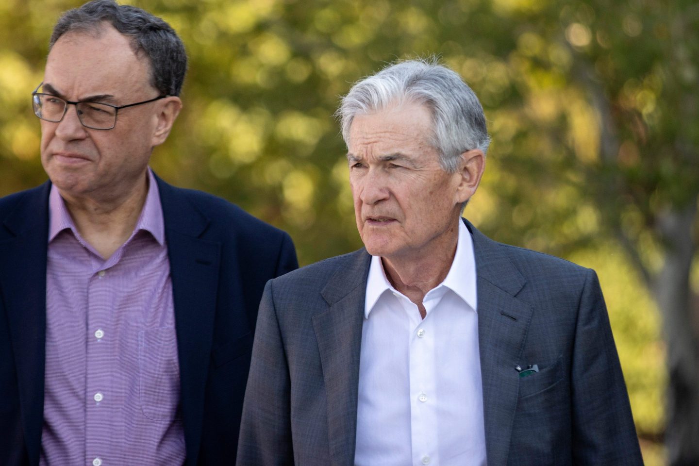 Jerome Powell, chairman of the US Federal Reserve, right, during the Kansas City Federal Reserve&#8217;s Jackson Hole Economic Policy Symposium in Moran, Wyoming, US, on Friday, Aug. 23, 2024. Powell said the time has come for the Federal Reserve to cut its key policy rate, affirming expectations that officials will begin lowering borrowing costs next month and making clear his intention to prevent further cooling in the labor market. Photographer: Natalie Behring/Bloomberg via Getty Images