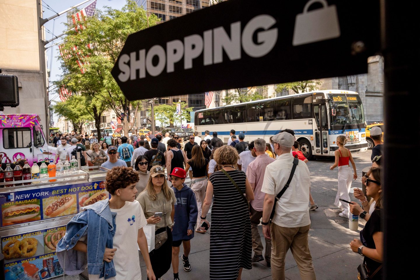 Shoppers on 5th Avenue in New York, US, on Friday, Sept. 13, 2024. The US Census Bureau is scheduled to release retail sales figures on September 17. Photographer: Yuki Iwamura/Bloomberg via Getty Images