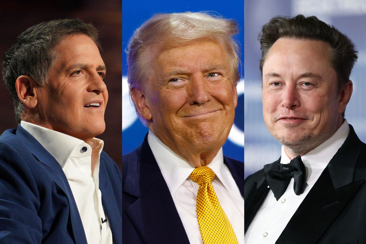 A composite image shows Mark Cuban (left), Donald Trump (center) and Elon Musk (right).