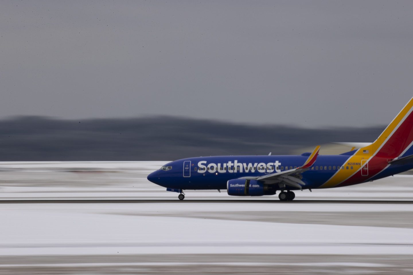 A Southwest airplane lands at Nashville International Airport