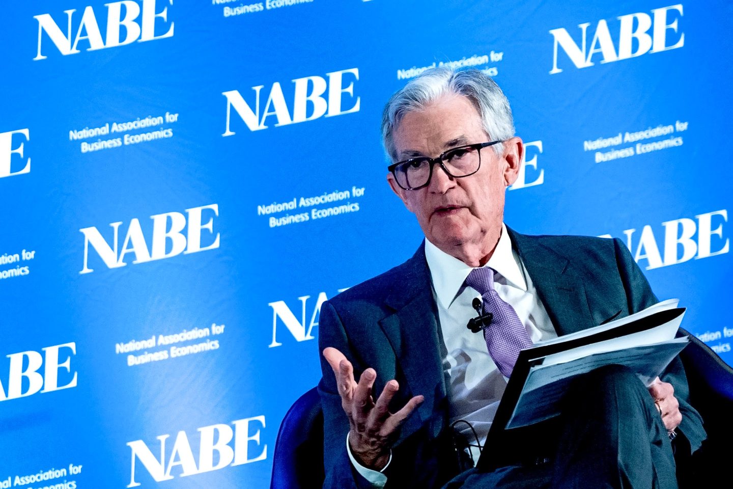 Jerome Powell, chairman of the US Federal Reserve, during the National Association of Business Economics (NABE) annual meeting in Nashville, Tennessee, US, on Monday, Sept. 30, 2024. Federal Reserve Chair Jerome Powell said the central bank will lower interest rates over time, while again emphasizing that the overall economy remains on solid footing. Photographer: Seth Herald/Bloomberg via Getty Images