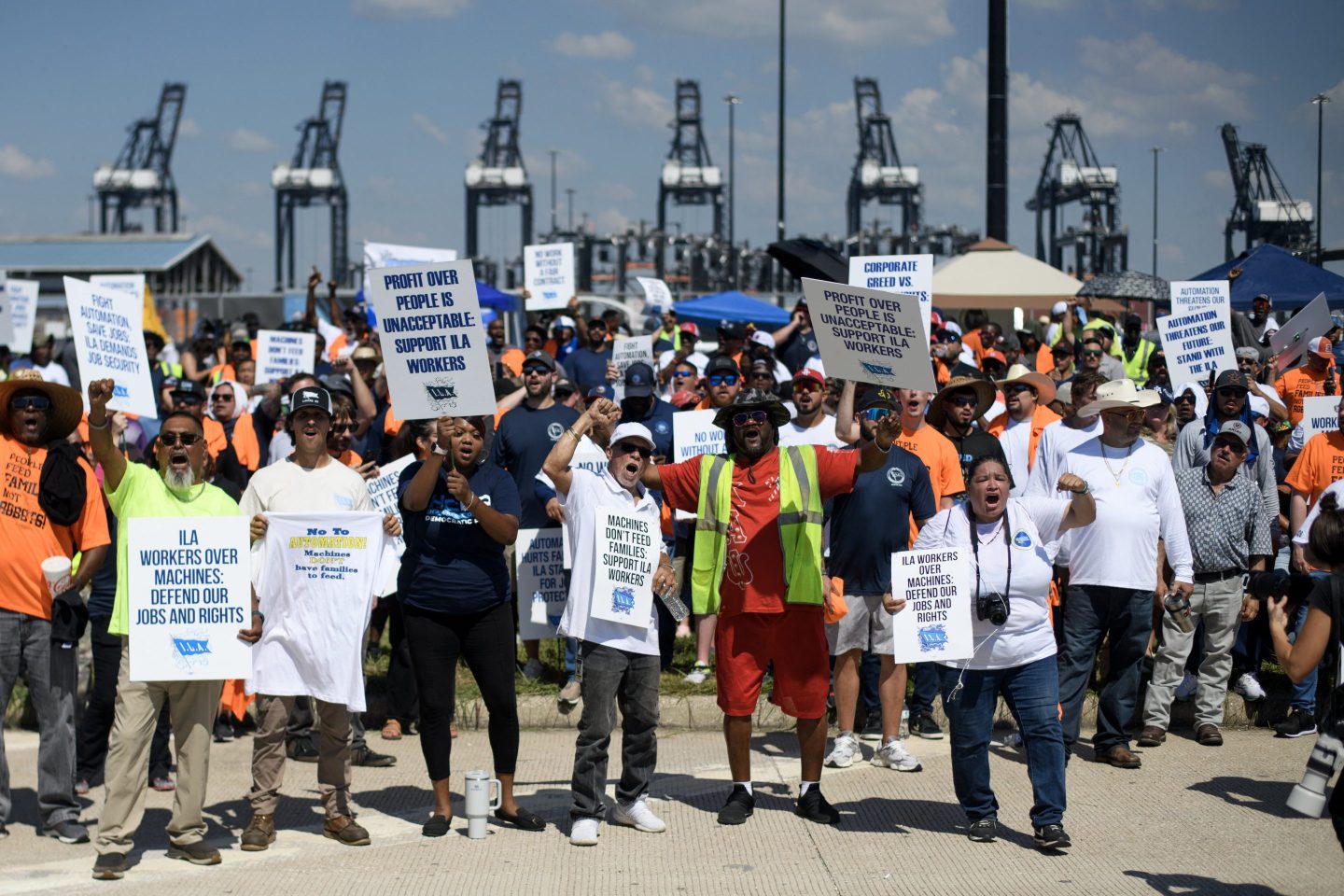 Dockworkers gather at the Bayport Container Terminal in Seabrook, Texas.