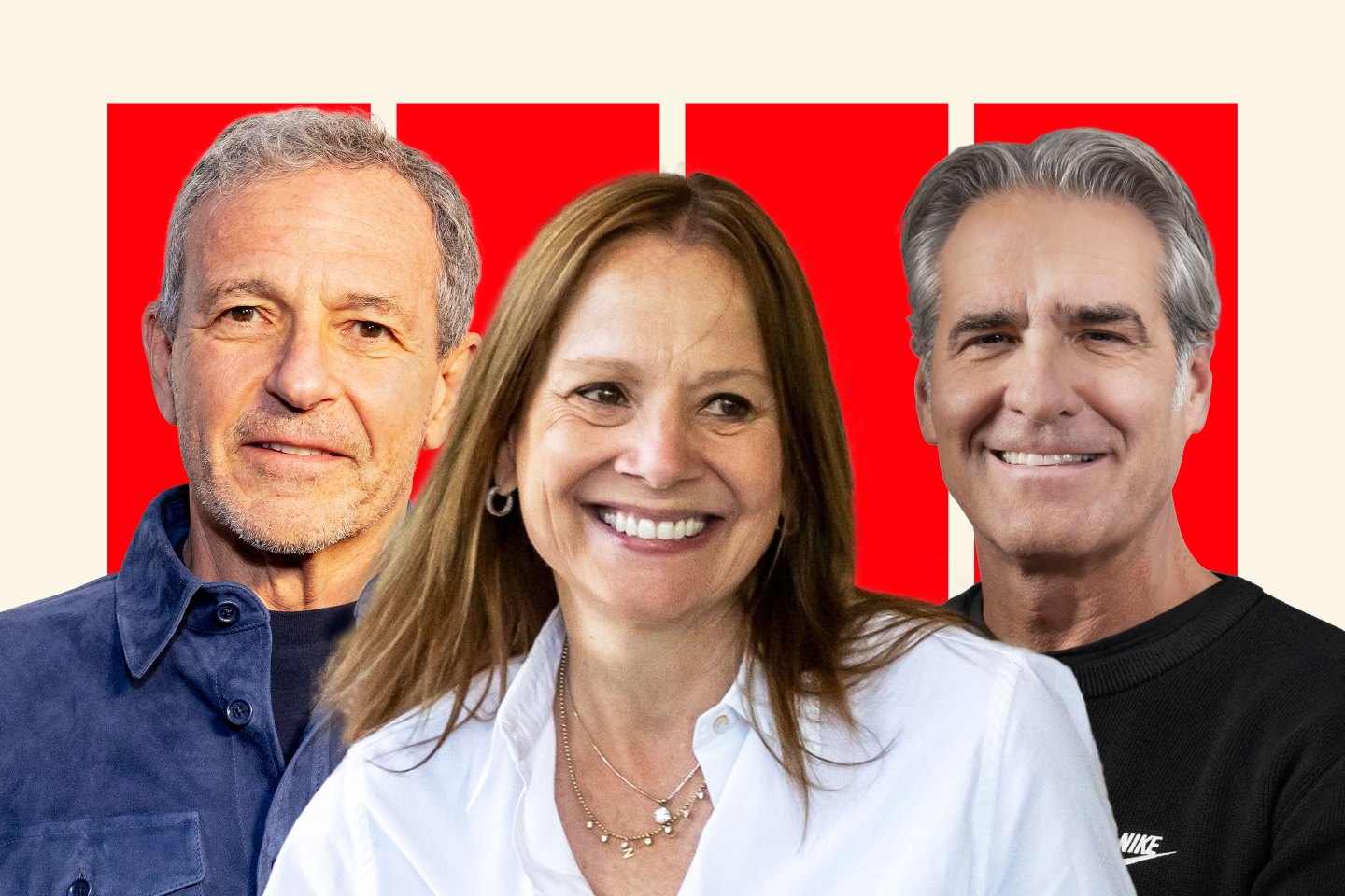 Collage of three CEOs, Bob Iger, Mary Barra, and Elliott Hill, smiling at the camera.