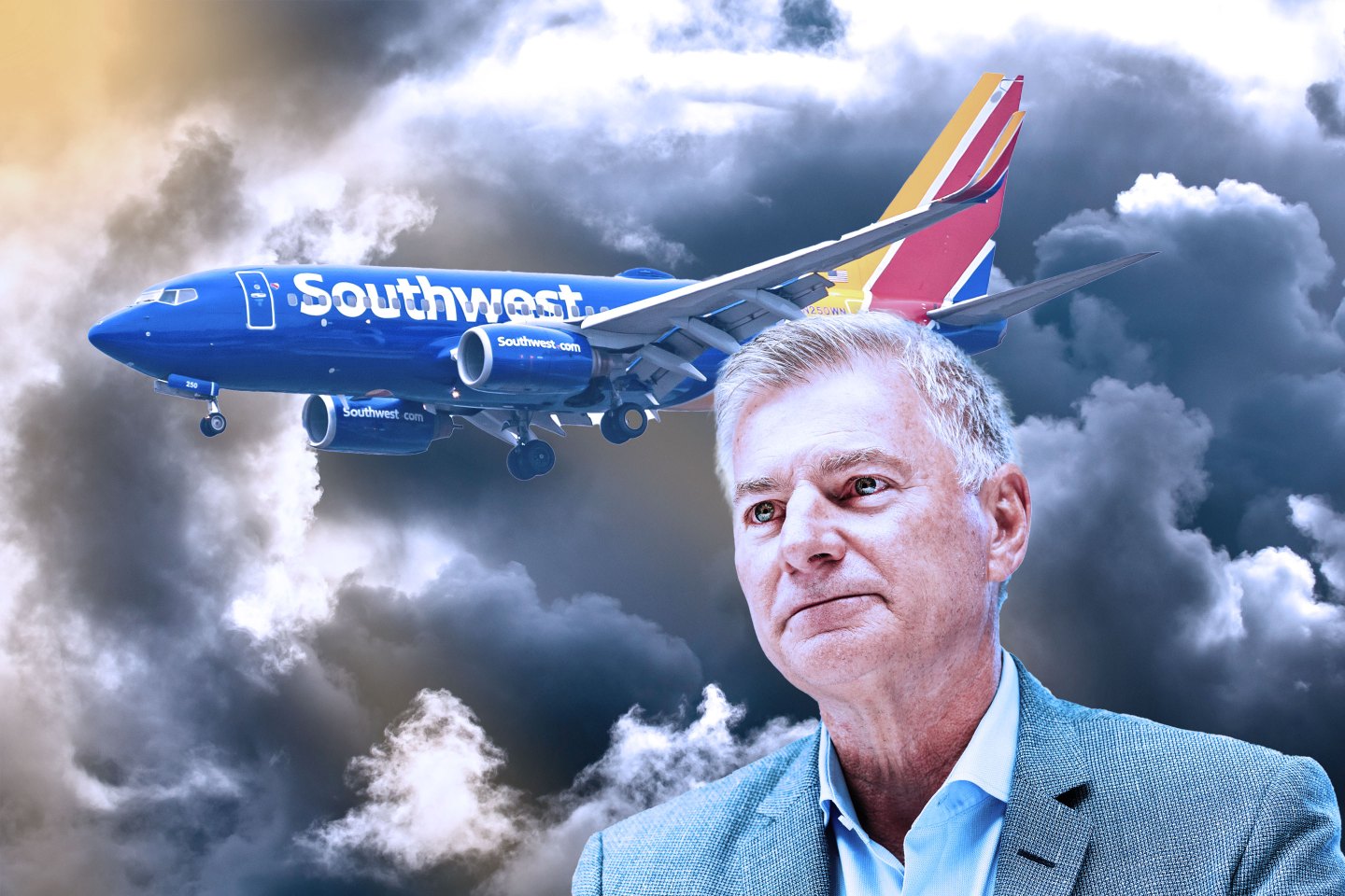 A photo illustration of Bob Jordan and a Southwest plane in front of stormy clouds